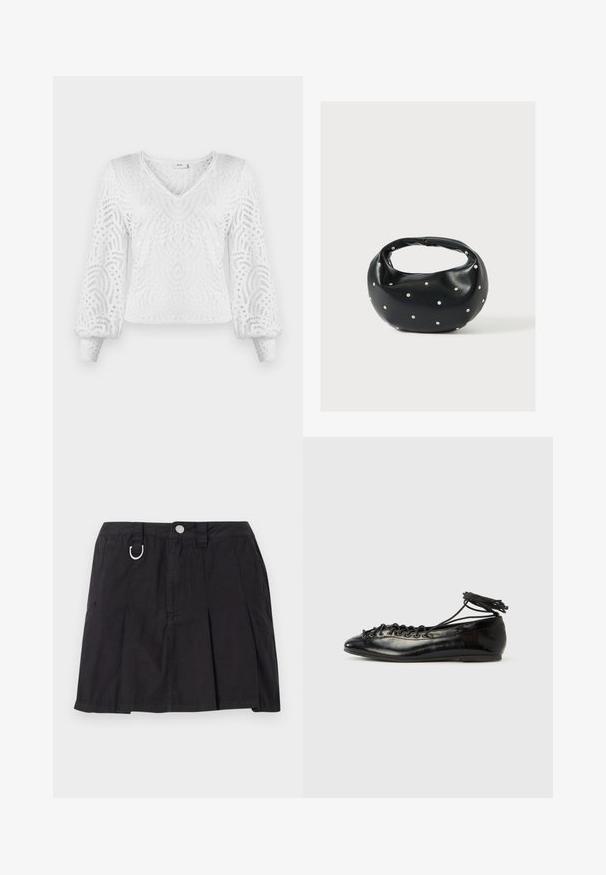 Pull en blanc à col en V, manches longues bouffantes et un motif complexe en dentelle avec des découpes. Tissu texturé et léger.; Jupe plissée noire en coton, avec une fermeture à boutons sur le devant, des passants de ceinture et un accent en D-ring sur la taille.; Ballerines en cuir verni noir avec un bout rond, un design à lacets et une semelle plate. Texture lisse avec peu de détails.; Sac à main en cuir noir de forme arrondie, décoré de clous argentés et équipé d'une poignée courte. Texture lisse et fermeture éclair.