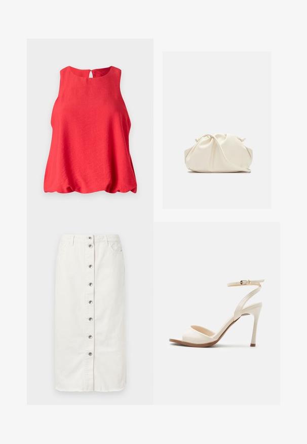 Top sans manches rouge avec un col rond et un dos en forme de clef. Fabriqué en tissu léger, il offre une coupe fluide et ample ainsi qu'une texture douce.; Jupe midi en denim blanc avec fermeture à boutons sur le devant, deux poches latérales et des accents brodés à la taille. Présente un ourlet brut.; Sandale à talon haut beige avec fine bride de cheville et boucle dorée, bout ouvert et talon aiguille élégant sur fond blanc.; Pochette en cuir souple couleur crème avec un design froncé et une fine bandoulière reposant à l’avant sur un fond uni.