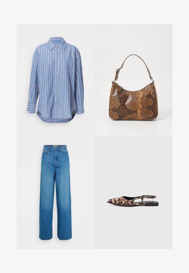 Blauw gestreepte overhemd met knopen, voorzien van rode en witte verticale strepen, lange mouwen, een omgeslagen kraag en een afgeronde onderkant.; Blauwe high-waisted wijdpootjeans met een sluiting met knoop en rits aan de voorkant, voor- en achterzakken en gestikte zomen op een witte achtergrond.; Leopardprint platte slingback-schoen met spitse neus, open zijkanten en kleine zwarte hak. Materiaal lijkt glad met een lichte glans.; Kleine handtas met een bruin en zwart slangenprintpatroon, korte verstelbare schouderriem en ritssluiting.