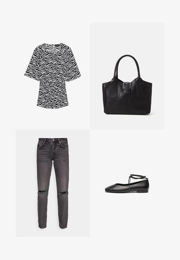 Top de estampado de cebra en blanco y negro con mangas cortas, escote redondo y cinturilla para una silueta ajustada. Tejido ligero con textura.; Gina Tricot LOW - Vaqueros rectos - black denim; Bailarinas de cuero negro con punta afilada, tacón plano y un detalle de lazo alrededor del tobillo. Textura suave, diseño minimalista.; Bolso de mano de cuero negro con doble asa y hebilla central de plata, forma rectangular estructurada, textura lisa, sobre fondo neutro.