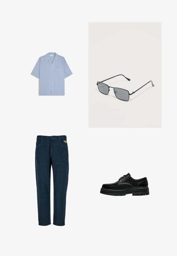 Chemise bleu clair à manches courtes avec boutons, rayures verticales noires et poche poitrine, posée à plat sur fond blanc.; Pantalons en velours côtelé bleu marine avec texture à côtes verticales, coupe standard, design à cinq poches, et logo brodé sur la taille avant.; Chaussure en cuir noir à lacets avec un bout rond, finition texturée et semelle extérieure en caoutchouc épaisse présentant une profondeur de relief pour une meilleure adhérence.; Lunettes de soleil rectangulaires à monture en métal noir avec des verres teintés foncés reposant sur une surface blanche.
