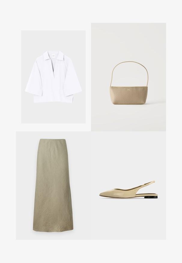 Chemise blanche ample avec larges manches trois-quarts et une encolure en V profonde, présentée sur un fond clair uni.; Jupe évasée à longueur genou en tissu vert olive doux avec une texture subtile et sans fermetures ni embellissements visibles.; Chaussure plate beige à bout pointu avec bride arrière, petit talon noir et finition en cuir lisse, vue de côté sur un fond uni.; Sac à main tissé beige avec fine bandoulière et petit logo doré "BOSS" à l'avant, présenté sur fond blanc uni.