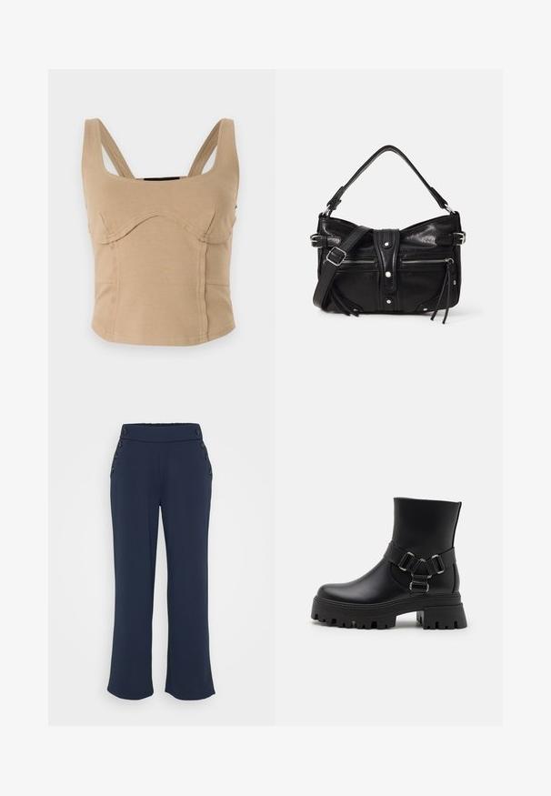 Beige cropped top med brede skulderstropper, glat tekstur, buede sømme og en tætsiddende pasform. Ingen synlige lukninger eller dekorationer.; Marineblå bukser med vide ben, høj talje og dekorative sorte knapper på begge hofter.; Sort ankelstøvle i glat syntetisk materiale med en kraftig sål. Har dekorative stropper med metal detaljer og en rund tå.; Even&Odd H24462 - Håndtasker - black
