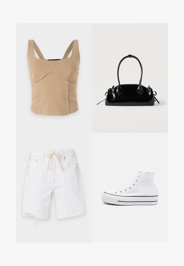 Beige cropped top med brede skulderstropper, glat tekstur, buede sømme og en tætsiddende pasform. Ingen synlige lukninger eller dekorationer.; Hvide denimshorts med en rå kant, materiale i bomuldsblanding og en beige snor. Har kobberfarvet hardware og sidelommer.; Hvide høj-top sneakers lavet af kanvasmateriale, sort gummisål og kontrasterende sort stribe på mellemsålen. Rund tåhætte og snørebåndsdesign.; Lille sort blank håndtaske med to lange håndtag og snøre-detaljer i siden på en ensfarvet lys baggrund.
