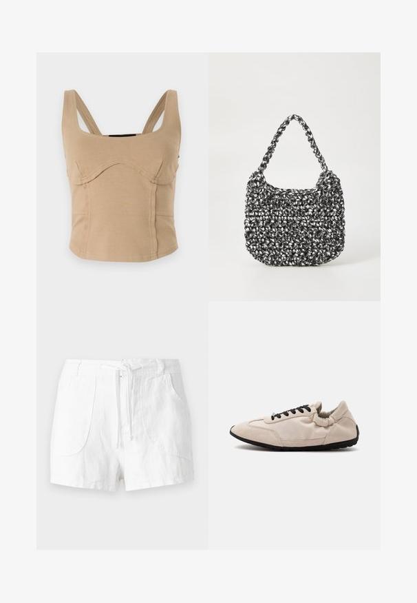 Beige cropped top med brede skulderstropper, glat tekstur, buede sømme og en tætsiddende pasform. Ingen synlige lukninger eller dekorationer.; Hvide linnedshorts med snøre i taljen, har to forlommer og en glat tekstur. Simpelt design uden pynt.; Beige sneaker med sort sål og sorte snørebånd vist fra siden, lavet af ruskind og stof, mod en ensfarvet hvid baggrund.; Vævet håndtaske i sort og hvid med en rund form, tekstureret overflade og et fletet håndtag. Velegnet til afslappet brug.