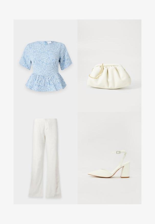 Hellblaues Peplum-Top mit kurzen Ärmeln, strukturiertem Blumenstickerei, runder Halslinie und einem verdeckten Reißverschluss hinten.; Weiße gerade geschnittene Hose mit hoher Taille und Knopfverschluss vorne, vor einem schlichten Hintergrund dargestellt.; Weißer sandal mit Absatz und spitzem Zehenbereich, verstellbarem Knöchelriemen und chunky quadratischem Absatz. Glatte Textur mit minimalen Nähdetails.; Weiße Lederhandtasche mit einem gerafften Design, ausgestattet mit einem goldenen Kettenriemen und einer runden Form. Glatte Textur mit sanften Falten und ohne Muster.