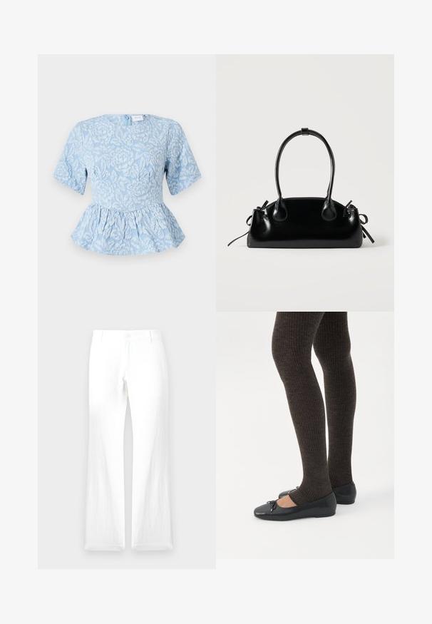 Top peplum azul claro con mangas cortas, bordado floral texturizado, escote redondo y cremallera oculta en la parte trasera.; Pantalones de lino blancos con pierna recta, cierre de botón y sin patrones visibles. Textura suave y diseño minimalista.; Piernas con leggings oscuros acanalados combinados con bailarinas negras que presentan pequeños detalles de lazo sobre un fondo blanco.; Pequeño bolso negro brillante con dos asas largas y detalles de cordón lateral sobre un fondo claro liso.