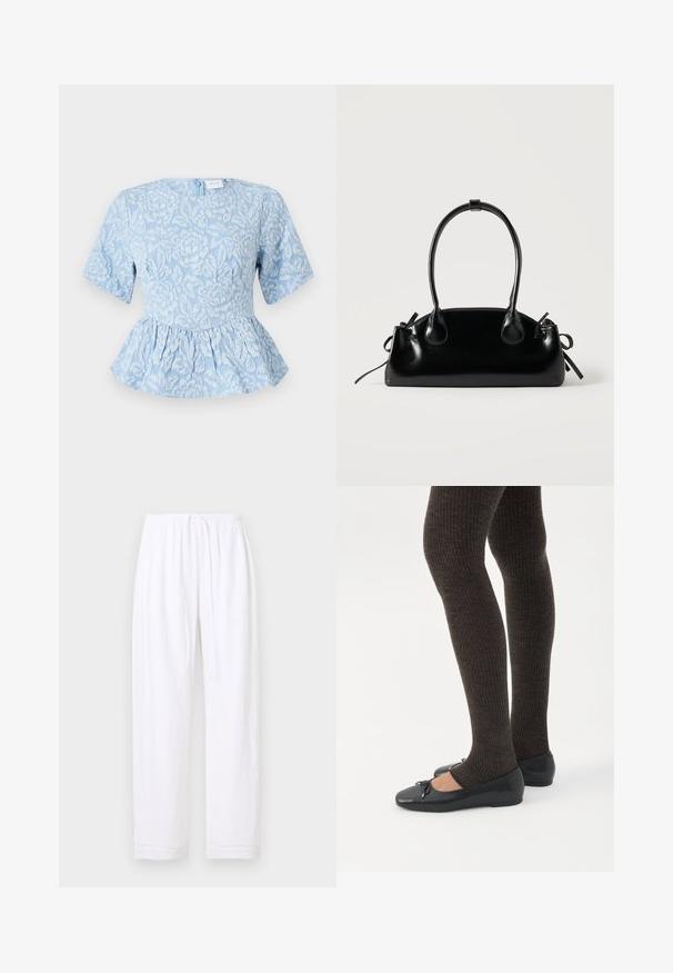 Svetlomodrý peplum top s krátkymi rukávmi, textúrovanou kvetinovou výšivkou, okrúhlym výstrihom a skrytým zipsom na chrbte.; Biele ľanové nohavice so sťahovacou šnúrkou, elastickým pásom a rovnými nohavicami na jednoduchom bielom pozadí.; Nohy v tmavých pásikavých legínach v kombinácii s čiernymi balerínkami s malými mašličkami na bielom pozadí.; Malá čierna lesklá kabelka s dvoma dlhými rúčkami a bočnými šnúrkovými detailmi na jednoduchom svetlom pozadí.