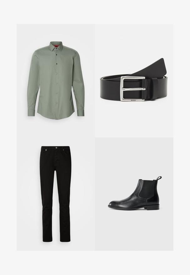 Chemise à manches longues en vert doux, en tissu léger. Comprend un col boutonné, des boutons gris et un ourlet arrondi.; Jeans noirs à jambe droite avec fermeture devant par bouton et fermeture éclair, poches avant et arrière, présentés sur un fond clair uni.; Bottine en cuir noir avec des panneaux latéraux élastiques, bout rond et tirette. Texture lisse, semelle plate, design minimaliste.; Ceinture en cuir noir avec une boucle rectangulaire en argent, dotée d'un logo discret et d'une texture lisse. Les extrémités se terminent en rondeur.