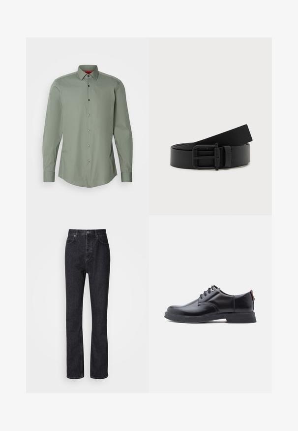 Chemise à manches longues en vert doux, en tissu léger. Comprend un col boutonné, des boutons gris et un ourlet arrondi.; Jean en denim noir taille haute avec fermeture à bouton et à glissière, poches avant et arrière, et coupe droite.; Chaussures en cuir noir à lacets avec une texture lisse, un bout arrondi et des détails de couture discrets. Présentent une languette rouge à l'arrière.; Ceinture en cuir noir enroulée avec une boucle en métal noir mat sur fond blanc.