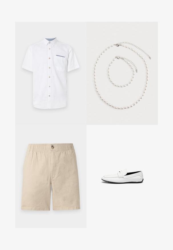 Chemise blanche à manches courtes en coton, avec un devant à boutons, des boutons marron, et une poche poitrine avec un accent bleu.; Shorts en coton beige avec ceinture élastique, fermeture par bouton et détail de couture à l’avant sur fond blanc.; Mocassins en cuir blanc avec une finition lisse, présentant un accent cousu, un bout rond et une semelle en caoutchouc noir pour l'adhérence.; Collier de perles et bracelet assorti avec fermoirs en chaîne argentée disposés sur un fond blanc.