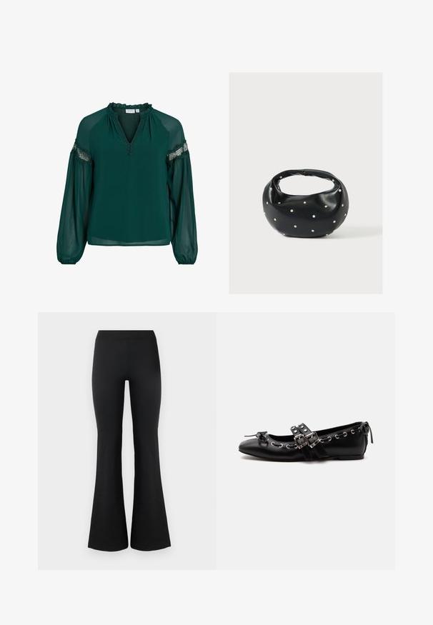Donkergroene blouse gemaakt van lichte stof, met een ruches halslijn, kantaccenten op de mouwen en een losvallende pasvorm met gathered cuffs.; Zwarte flared broek van een soepele, rekbare stof. Kenmerkt zich door een hoge tailleband en flare onderkanten voor een strakke pasvorm. Eenvoudig ontwerp.; Zwarte platte balletschoen met dubbele gespsluitingen, zilveren oogjes en een klein strikje nabij de afgeronde neus op een witte achtergrond.; Zwarte leren handtas met een afgeronde vorm, versierd met zilveren studs, en een korte handgreep. Gladde textuur en ritsluiting.