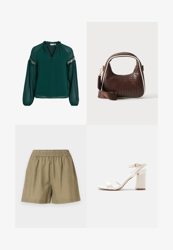 Mørkegrøn bluse lavet af letvægtsstof, med en flæsekrave, blonder på ærmerne og en løs pasform med samlede manchetter.; Beige afslappede shorts med elastisk talje og løs pasform, lavet af letvægtsstof.; Hvid højhælet sandal med blokhæl, to fronstropper og en ankelrem med en guldlås på en ensfarvet baggrund.; Brun vævet læderhåndtaske med hvid piping, guldfarvet lynlås og aftagelig brun stofskulderrem.