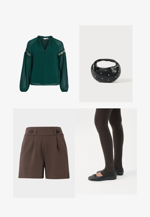 Mørkegrøn bluse lavet af letvægtsstof, med en flæsekrave, blonder på ærmerne og en løs pasform med samlede manchetter.; Brune shorts lavet af en struktureret stof med høj talje, plisseringer og to sorte knapper foran. Skræddersyet design med sidelommer.; Ben iført mørke ribbede leggings kombineret med sorte balletsko med små sløjfedetaljer på hvid baggrund.; Sort læderhåndtaske med en rundet form, dekoreret med sølvnitter, og et kort håndtag. Glat tekstur og lynlåslukning.