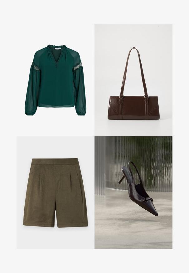 Mørkegrøn bluse lavet af letvægtsstof, med en flæsekrave, blonder på ærmerne og en løs pasform med samlede manchetter.; Mørk olivengrønne shorts lavet af et blødt, suede-lignende materiale, med en plisseret design, mellemlang længde og en ren, struktureret talje.; Blank sort spids røvhælssandal med lille dekorativ spænde, svævende over en beton gulv med en tekstureret glas baggrund.; Brun lakeret håndtaske med rektangulær form, to lange håndtag og subtile buede detaljer på fronten.