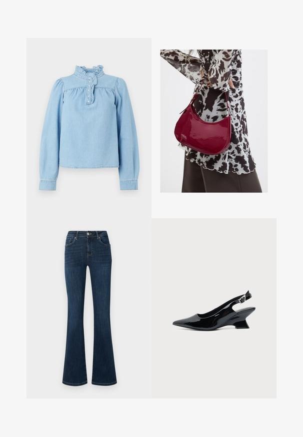 Blouse en denim bleu clair avec un col volanté, une patte de boutonnage sur le devant et de longues manches bouffantes. Texture lisse avec des détails froncés.; Jean en denim bleu foncé avec une taille mi-haute, style cinq poches et jambes évasées, présenté à plat sur un fond blanc.; Chaussure slingback en cuir verni noir avec bout pointu et petit talon bloc incliné sur fond clair uni.; Femme portant un chemisier à motif noir et blanc tenant un sac à main rouge brillant sur un fond uni.