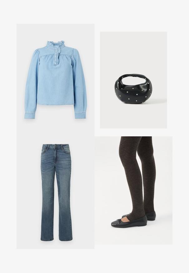 Lichtblauwe denim blouse met een ruches kraag, een knopenrij aan de voorkant en lange pofmouwen. Gladde textuur met geplooide details.; Blauwe rechte jeans van denim met een sluiting met een knoop en ritssluiting aan de voorkant, voor- en achterzakken en subtiele vervagingdetails.; Benen met donkere geribbelde leggings gecombineerd met zwarte ballerina's met kleine strikdetails op een witte achtergrond.; Zwarte leren handtas met een afgeronde vorm, versierd met zilveren studs, en een korte handgreep. Gladde textuur en ritsluiting.