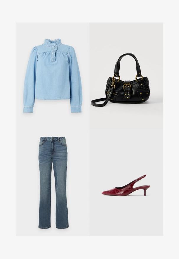 Lichtblauwe denim blouse met een ruches kraag, een knopenrij aan de voorkant en lange pofmouwen. Gladde textuur met geplooide details.; Blauwe rechte jeans van denim met een sluiting met een knoop en ritssluiting aan de voorkant, voor- en achterzakken en subtiele vervagingdetails.; Bordeaux lederen slingback pump met krokodillenstructuur, puntige neus, verstelbare gesp en lage kittenhak op een witte achtergrond.; Zwarte leren handtas met gouden gesp en klinknagel details, korte handvatten en een verstelbare schouderriem op een effen witte achtergrond.