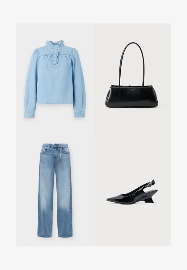 Lyseblå denimbluse med en rynket krave, frontknaplukning og lange pufærmer. Glat tekstur med samlet detaljering.; Lyseblå vidde jeans med knap og lynlås foran, forlommer og en dekorativ perlekæde hængende fra en bæltestrop.; Sort laklæder slingback sko med spids tå og lav vinklet blokhæl på ensartet lys baggrund.; Sort rektangulær skuldertaske med lange tynde stropper og en glat, blank tekstur på en ensfarvet baggrund.