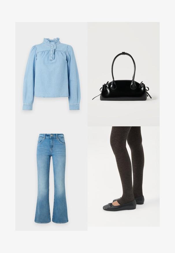 Lyseblå denimbluse med en rynket krave, frontknaplukning og lange pufærmer. Glat tekstur med samlet detaljering.; Lyseblå denim flare jeans med forlommer, bæltestropper og knaplukning mod en hvid baggrund.; Ben iført mørke ribbede leggings kombineret med sorte balletsko med små sløjfedetaljer på hvid baggrund.; Lille sort blank håndtaske med to lange håndtag og snøre-detaljer i siden på en ensfarvet lys baggrund.