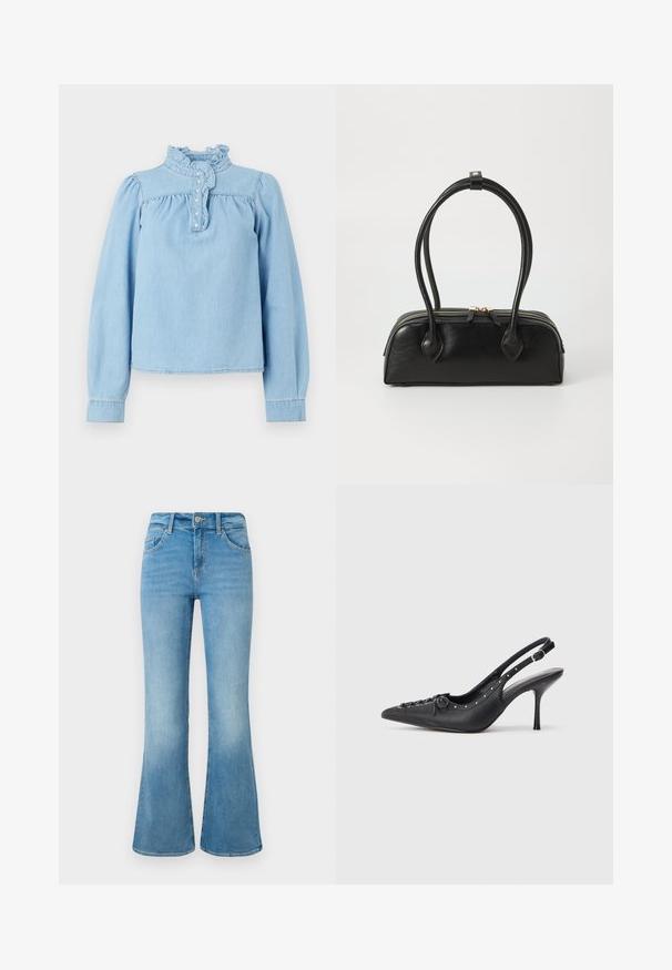 Lyseblå denimbluse med en rynket krave, frontknaplukning og lange pufærmer. Glat tekstur med samlet detaljering.; Lyseblå denim flare jeans med forlommer, bæltestropper og knaplukning mod en hvid baggrund.; Sorte læder slingback stiletto med spids tå, side spændebånd, nitter langs kanten og dekorativ snøring foran.; Sort læder håndtaske med to langstrakte håndtag, lynlåslukning og afrundet form; glat tekstur med en subtil blank finish.