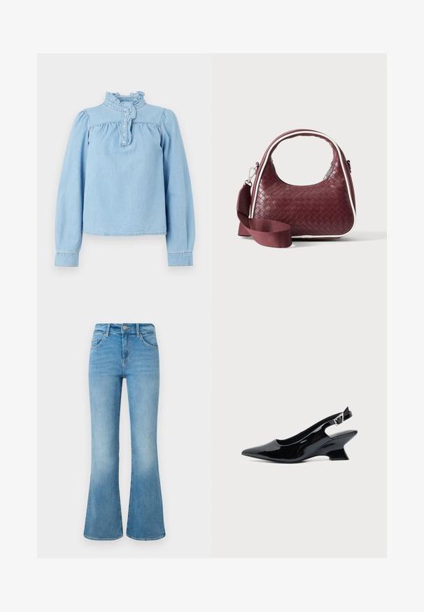 Lyseblå denimbluse med en rynket krave, frontknaplukning og lange pufærmer. Glat tekstur med samlet detaljering.; Lyseblå denim flare jeans med forlommer, bæltestropper og knaplukning mod en hvid baggrund.; Sort laklæder slingback sko med spids tå og lav vinklet blokhæl på ensartet lys baggrund.; Mørkerød vævet lædertaske med buet hank, hvid kant, sølv lynlås og aftagelig bred stofskulderrem mod en ensfarvet baggrund.