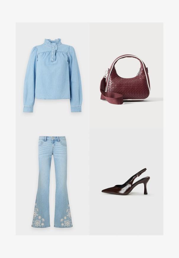 Lichtblauwe denim blouse met een ruches kraag, een knopenrij aan de voorkant en lange pofmouwen. Gladde textuur met geplooide details.; Lichtblauwe uitlopende spijkerbroek met hoge taille en witte bloemenborduurwerk vlak bij de zoom aan beide benen.; Bruine gepatineerde leren slingback pumps met een spitse neus, een dunne hak en een verstelbaar bandje met een kleine gesp.; Donkerrode geweven leren handtas met gebogen handvat, witte bies, zilveren rits en afneembare brede stoffen schouderriem tegen een effen achtergrond.