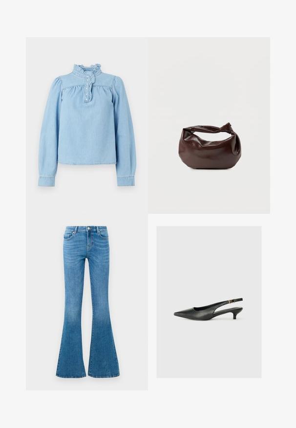 Lichtblauwe denim blouse met een ruches kraag, een knopenrij aan de voorkant en lange pofmouwen. Gladde textuur met geplooide details.; Blauwe spijkerbroeken met uitlopende pijpen en een mid-rise taille, voorzien van vijf zakken, een standaard knoopsluiting en een lichte vervaging voor textuur.; Zwarte puntschoen met slingback van soepel leer. Kenmerkt zich door een dunne hak en een gespdetail op de verstelbare band.; Donkerbruine leren schoudertas met een zachte, slungelige vorm en een gedraaide knoopvormige handgreep op een effen witte achtergrond.