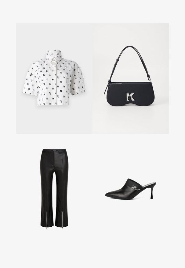 Camisa corta de manga corta en algodón blanco con un patrón gráfico repetido en negro de caras usando gafas de sol. Cuello camisero.; Pantalones de cuero negro con un diseño ajustado, que cuentan con dobladillos con cremallera, parte delantera plana y detalles de costura visibles. Textura suave en todo su superficie.; Mule de cuero negro con punta afilada y tacón de aguja. Presenta una banda ancha con detalle en escritura plateada en el costado. Textura suave.; Bolso negro con forma curva, material texturizado, logotipo plateado y una correa delgada. Cierre superior con cremallera y características de diseño minimalista.