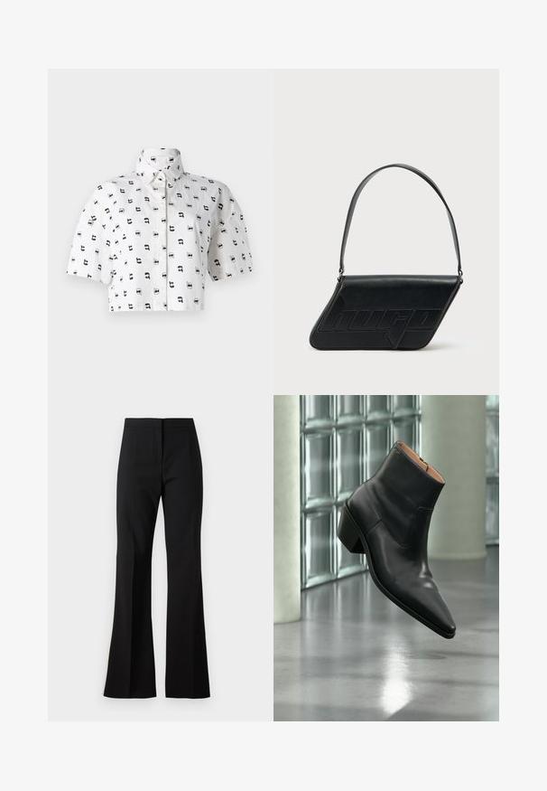 Camisa corta de manga corta en algodón blanco con un patrón gráfico repetido en negro de caras usando gafas de sol. Cuello camisero.; Pantalones de campana negros hechos de una tela suave, con cintura alta, pliegues delanteros y un acabado limpio en los bajos.; Botín de piel negra con puntera puntiaguda y tacón cuadrado que levita sobre un suelo gris reflectante cerca de una pared de bloques de cristal.; Bolso de hombro de cuero negro con forma triangular, logo en relieve y una sola correa ajustable. Diseño minimalista con textura suave.