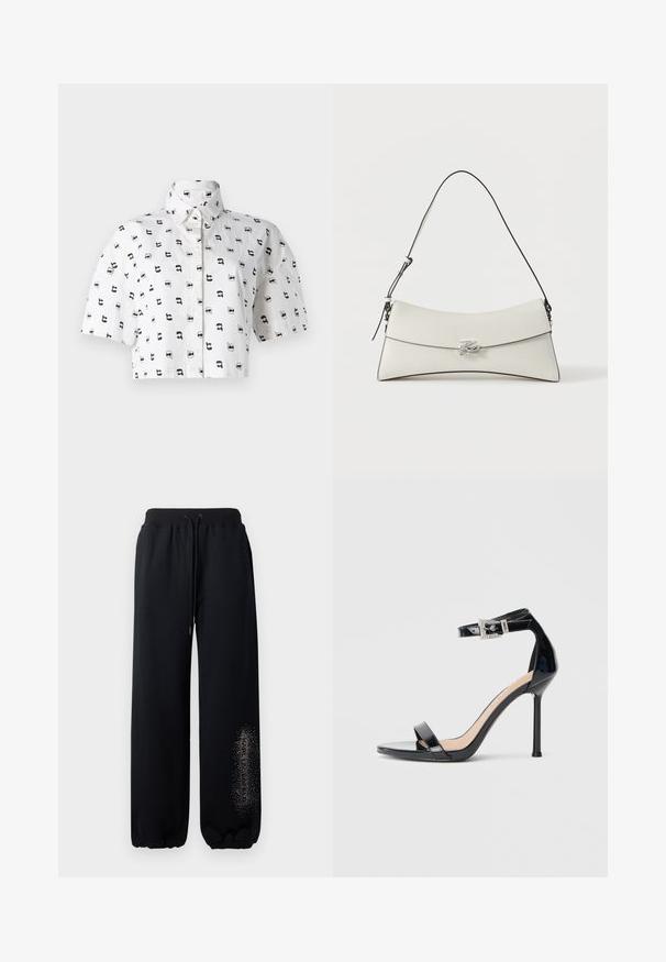 Kortærmet cropped skjorte i hvid bomuld med et gentaget sort grafisk mønster af ansigtter iført solbriller. Knappet krave.; Sorte sweatpants med elastisk talje, snøre og samlede cuffers. Har et tekstdesign med glimmer på venstre ben.; Sort højhælet sandal i laklæder med ankelrem. Har minimalistisk design, åben tå og spænde med rhinsten-detaljer.; Hvid skuldertaske i læder med buet klap, sort kant, justerbar rem og sølv dekorativ spænde på ensfarvet baggrund.