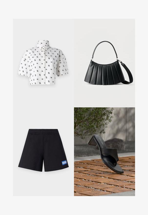 Kortærmet cropped skjorte i hvid bomuld med et gentaget sort grafisk mønster af ansigtter iført solbriller. Knappet krave.; Sorte shorts med en afslappet pasform, elastisk talje og blå "HUGO" logo på venstre lår; lavet af blødt, åndbart materiale.; Sort Calvin Klein hælet sandal med tå-loop på trægulv udendørs nær et træ og en stenmur.; Sort plisseret læderhåndtaske med top håndtag og aftagelig skulderrem på en ensformet lys baggrund.