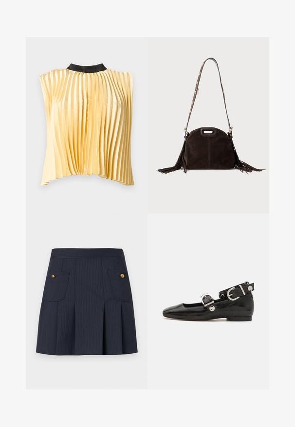 Blouse sans manches plissée en satin jaune pâle avec col rond noir haut, présentée à plat sur fond blanc.; Jupe à rayures bleu marine foncé avec des plis à l'avant et deux poches à rabat ornées de boutons dorés de chaque côté.; Ballerine en cuir verni noir avec un bout carré, sangle de cheville avec des détails en métal argenté et semelle plate. Texture lisse avec un design minimaliste.; Sac à main en daim brun foncé avec découpe pour la poignée supérieure, longue bandoulière ajustable avec détails de boutons dorés et longues franges des deux côtés.