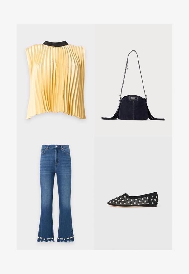 Blouse sans manches plissée en satin jaune pâle avec col rond noir haut, présentée à plat sur fond blanc.; Jean en denim bleu moyen avec jambes évasées, ourlets effilochés et ornements décoratifs de perles et de fleurs le long des bords inférieurs.; Chaussure plate noire à bout pointu, en maille avec de grands pois argentés, et un petit nœud à l'avant. Tissu texturé.; Sac à main en daim bleu foncé avec des coutures blanches, une poignée découpée, une bandoulière à motif et de longues franges des deux côtés.
