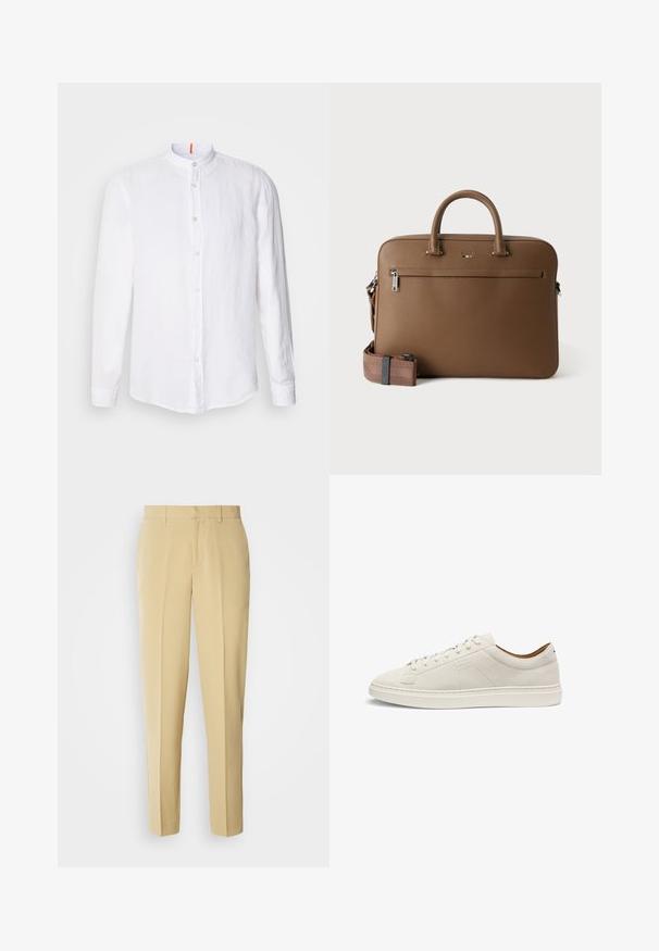 Hvid linnedskjorte med mandarin-krave, frontknaplukning, lange ærmer og en subtil tekstur. Markant orange accent på kraven.; Beige skræddersyede bukser med lige pasform, flad front og sidelommer. Fremstillet af et glat stof med en let glans.; Beige sneakers i lavt snit i ruskind med matchende snørebånd, flad sål og diskret præget "BOSS"-logo på siden, vist i profil.; Brun lædermappe med top håndtag, lomme foran med lynlås og aftagelig matchende skulderrem på hvid baggrund.