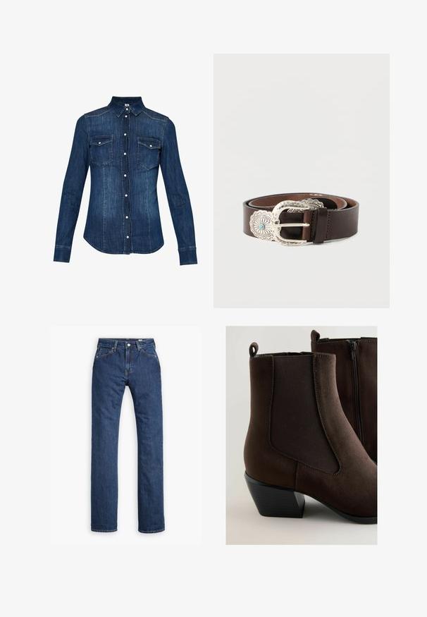 Denimskjorte i mørkeblå, med frontknaplukning, spidse krave og to brystlommer med klap. Lange ærmer med knapmanchetter.; Levi's® MOJ MIJ PLANK STRAIGHT - Jeans Straight Leg - stems; Brune ruskinds ankelstøvler med dobbel elastisk sidepaneler, en lynlås og en lav blokhæl. Glat tekstur med syninger.; Brunt læderbælte med en bred, sølvfarvet dekorativ spænde, der har en turkis accent og detaljeret mønster langs spændets kant.