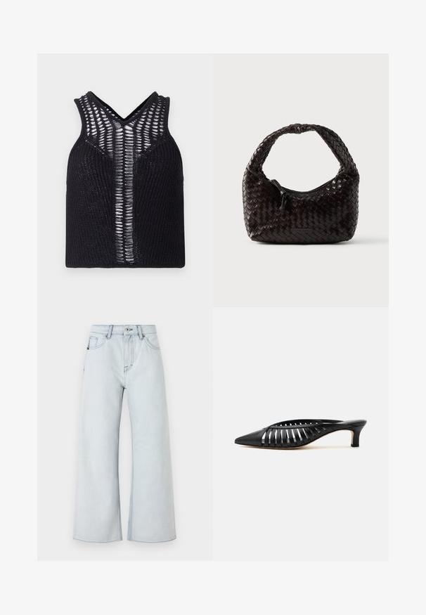 Sort strikket top med V-hals, der har stribede gennemsigtige paneler foran. Ribbet struktur med tætsiddende pasform.; Lysblå jeans med bred benedesign, lavet af denim. Funktioner fem lomme-stil, bæltestropper og knaplukning.; Sort læder mule med spids snude, stropdetalje og lav kittenhælk på hvid baggrund.; Vævet læderhåndtaske i mørkebrun, rund form med et tykt flettet håndtag. Har lynlåslukning og diskret branding på siden.