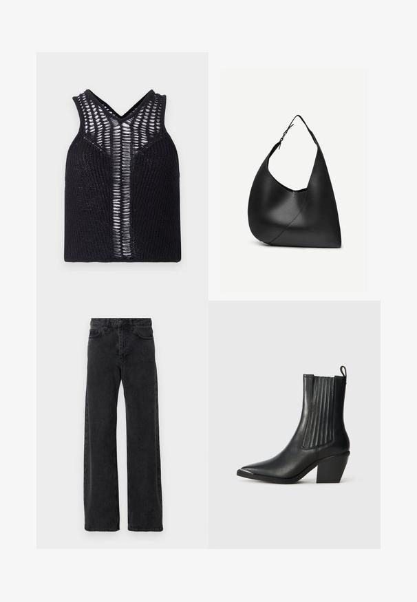 Débardeur tricoté noir avec un col en V, présentant des panneaux transparents rayés à l'avant. Texture côtelée avec une coupe ajustée.; Jean en denim noir à coupe large, avec un style classique à cinq poches, fermeture à bouton et légère décoloration.; Botte noire en cuir jusqu'à la cheville avec un bout pointu, des panneaux latéraux côtelés, et un talon épais, sur un fond en carreaux texturés.; Sac à épaule en cuir noir avec forme triangulaire incurvée, une seule sangle ajustable, et une couture diagonale visible à l'avant.