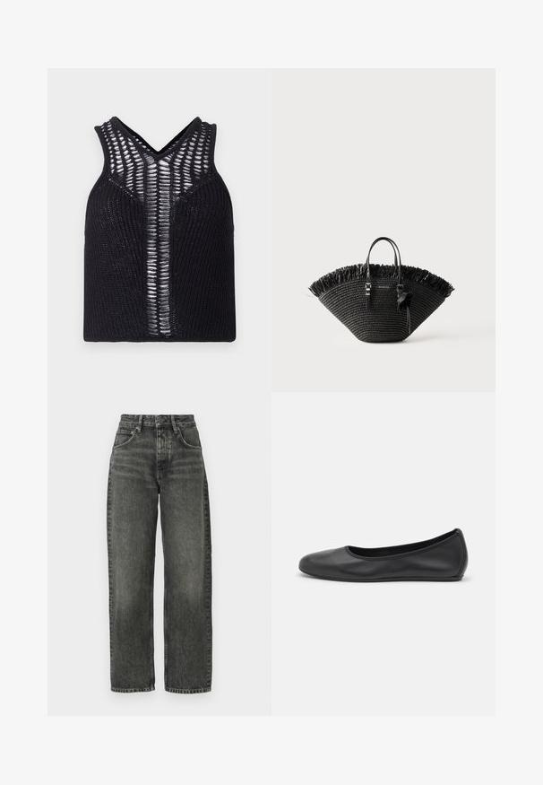 Débardeur tricoté noir avec un col en V, présentant des panneaux transparents rayés à l'avant. Texture côtelée avec une coupe ajustée.; Won Hundred ALEXANDRA - Jean boyfriend - tinted black; Ballerines en cuir noir avec un bout rond, texture lisse, détails de couture minimalistes et design de semelle flexible.; Sac fourre-tout tissé noir avec une large forme en éventail, bord supérieur frangé, deux poignées et un noeud décoratif sur une des poignées.