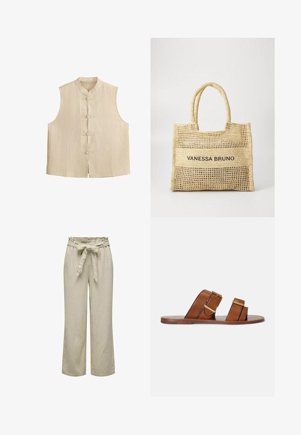 Veste sans manches beige avec col mandarin et quatre fermetures à boutons noués traditionnels sur le devant, présentant des fines rayures verticales.; Pantalons larges beige clair à taille smockée avec une ceinture à nouer, fabriqués à partir d'un tissu texturé et respirant.; Sandales mules en cuir marron avec deux brides réglables, boucles dorées et semelle plate en bois.; Sac fourre-tout tissé beige avec deux poignées et "VANESSA BRUNO" imprimé en noir sur un panneau tissé solide au centre.