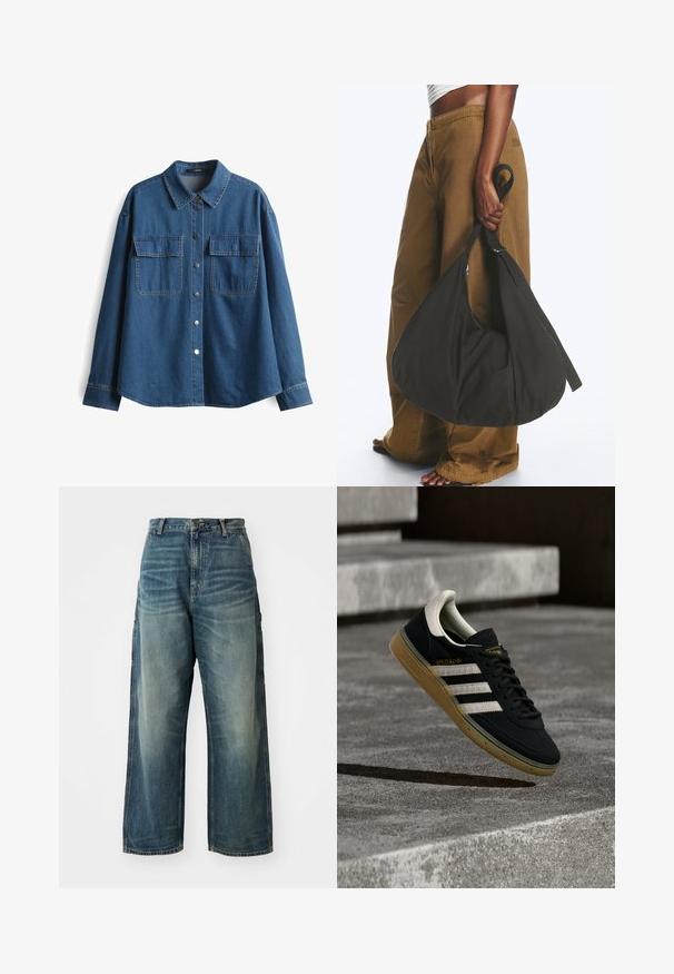 Dunkelblaue Jeanshemd mit Kragen, langen Ärmeln, zwei Brusttaschen und silbernen Druckknöpfen entlang der Vorderseite und an den Manschetten.; Weite Denim-Jeans in einem ausgewaschenen Blauton. Verfügbar mit einem Knopfverschluss, fünf Taschen und sichtbaren Nähten. Das Material hat eine glatte Textur.; Schwarzer Sneaker aus Wildleder mit weißen Streifen und goldenem Logo, ausgestattet mit einer strukturierten Gummisohle in Kaugummifarben und einer kontrastierenden cremefarbenen Fersenschlaufe.; Person trägt braune weite Hose und weißes Oberteil und hält eine große schwarze weiche Handtasche an der Seite am Trageriemen.