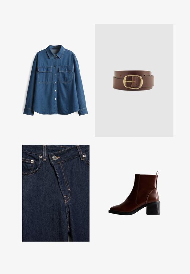 Dunkelblaue Jeanshemd mit Kragen, langen Ärmeln, zwei Brusttaschen und silbernen Druckknöpfen entlang der Vorderseite und an den Manschetten.; Nahaufnahme einer dunkelblauen Denim-Jeansvorderseite mit Metallknopf, Reißverschluss, Fronttaschen und orangefarbenen Steppnähten.; Braune Leder-Ankle-Boots mit quadratförmiger Spitze und seitlicher Naht, einem 7,5 cm hohen Blockabsatz und einem Ziehhilfen an der Rückseite für einfaches An- und Ausziehen.; Brauner Ledergürtel mit einer ovalen goldenen Schnalle, auf einem schlichten hellen Hintergrund aufgerollt.