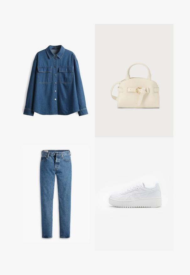 Dunkelblaue Jeanshemd mit Kragen, langen Ärmeln, zwei Brusttaschen und silbernen Druckknöpfen entlang der Vorderseite und an den Manschetten.; Hellblaue Denim-Jeans mit geradem Schnitt, fünf Taschen und klassischem Knopfverschluss. Mit orangefarbenen Nähten und einer leicht verwaschenen Textur.; Weiße Plattform-Sneaker aus glattem Leder mit perforierten Details und flachen Schnürsenkeln; ausgestattet mit einer dicken weißen Gummisohle.; Kleine Handtasche aus cremefarbenem Leder mit oberen Griffen, einem vorderen Riemen, der mit einer goldenen Schnalle gesichert ist, und einem abnehmbaren Schulterriemen.