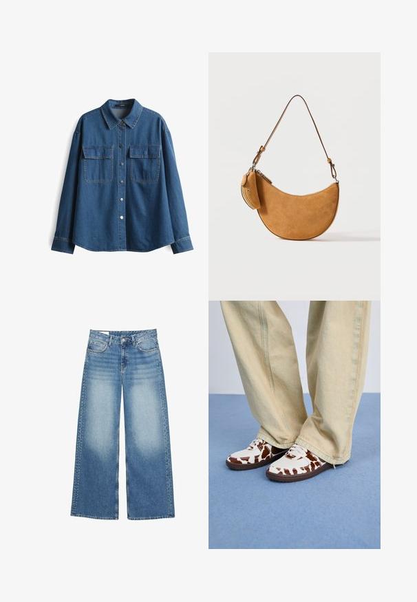 Dunkelblaue Jeanshemd mit Kragen, langen Ärmeln, zwei Brusttaschen und silbernen Druckknöpfen entlang der Vorderseite und an den Manschetten.; Helle blaue weit geschnittene Jeans aus Denim. Verfügt über einen hohen Bund, frontale Taschen und dekorative Nieten entlang der äußeren Nähte.; Weiße und braun gemusterte Sneakers aus Mesh und Leder, mit braunen Gummisohlen. Kombiniert mit hellbeigen, weit geschnittenen Hosen.; Dunkle Wildleder-Handtasche in Halbmondform mit dünnem verstellbarem Schulterriemen und kleinem seitlich angebrachtem Reißverschlussfach, vor einfarbigem Hintergrund.