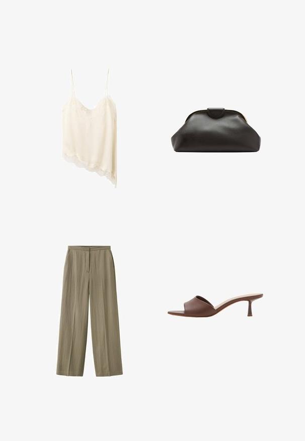 Camisole ivoire avec bordure en dentelle, fines bretelles spaghetti et ourlet asymétrique. Fabriquée en tissu doux et léger avec une texture lisse.; Pantalon marron clair à jambes droites avec une devant plat, des poches latérales et une fermeture éclair avant dissimulée.; Mule en cuir marron à bout ouvert, avec un talon kitten bas et fin et une semelle intérieure rembourrée, présentée sur fond blanc.; Pochette en cuir noir souple avec un cadre arrondi et une petite fermeture à languette en haut au centre.