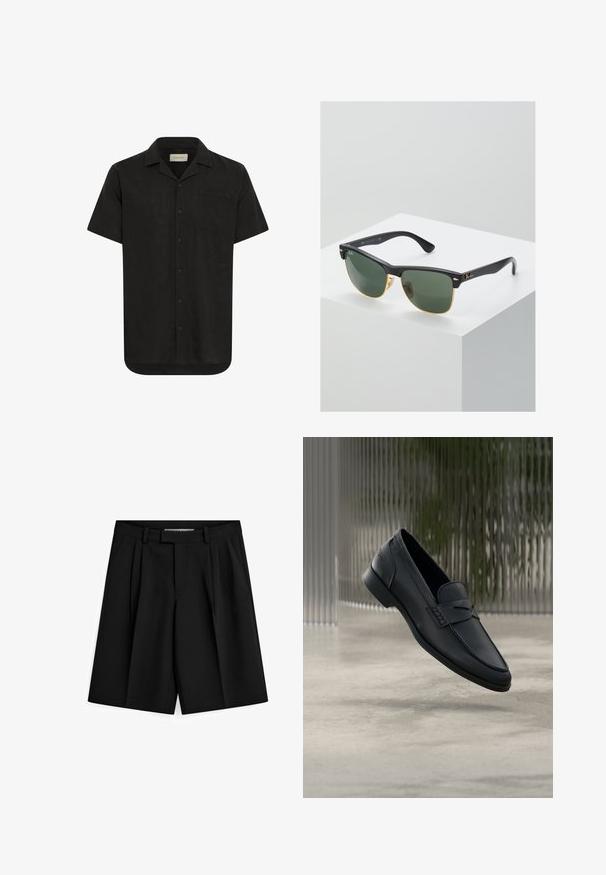 Chemise noire à manches courtes en tissu léger, avec un devant à boutons, un col pointu, une poche poitrine unique et un ourlet droit.; Shorts plissés noirs au design soigné, dotés de poches latérales et d'une ceinture pour un maintien sécurisé. Tissu lisse avec une texture nette.; Mocassin en cuir noir à finition lisse, bout pointu et détails cousus sur le dessus. Talon bas et design minimaliste.; Lunettes de soleil Ray-Ban avec des verres verts, monture en plastique noir et accents dorés sur les bords. Forme carrée avec une finition mate.
