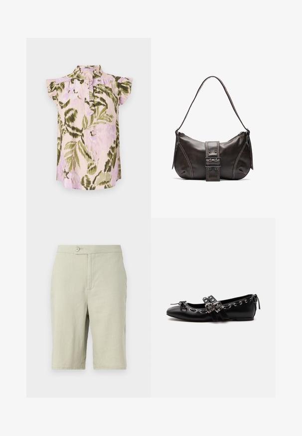 Bloemmotief blouse met hoge kraag, korte geplooide mouwen en een knoopsluiting. Kleuren zijn lichtroze, groen en lavendel.; Lichtgrijze shorts van een zachte stof. Heeft een knoopsluiting, zijzakken en een recht model.; Zwarte platte balletschoen met dubbele gespsluitingen, zilveren oogjes en een klein strikje nabij de afgeronde neus op een witte achtergrond.; Bruine leren schoudertas met een gebogen vorm, voorzien van een opvallende gespdetail, contrasterende stiksels en een enkele schouderband.