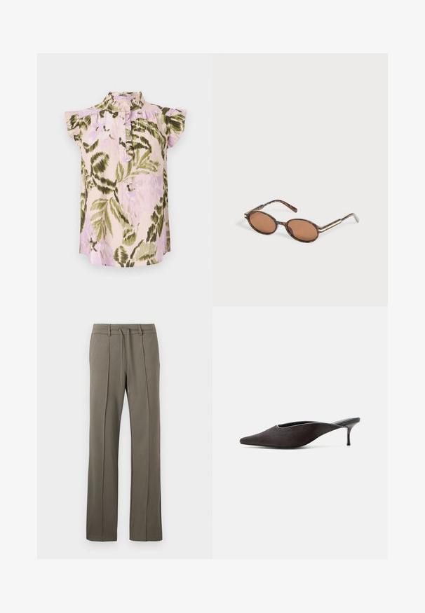 Blusa con estampado floral, cuello alto, mangas cortas con volantes y una botonera. Los colores incluyen rosa claro, verde y lavanda.; Pantalones caqui con un diseño de pierna recta, cintura con cordón y dos pliegues frontales. Fabricados con una tela suave y texturizada.; Zapato mule negro con punta puntiaguda, tacón stiletto bajo y acabado liso y elegante, mostrado de perfil sobre un fondo blanco.; Gafas de sol ovaladas con lente marrón tintado, montura carey y finos detalles dorados en las patillas, descansando sobre una superficie gris claro.