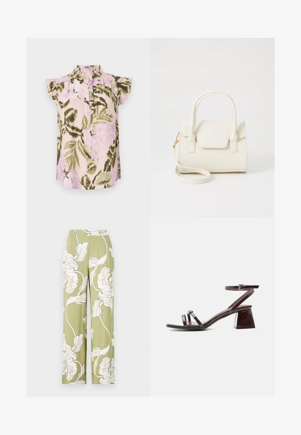 Blusa con estampado floral, cuello alto, mangas cortas con volantes y una botonera. Los colores incluyen rosa claro, verde y lavanda.; Pantalones anchos de flores en verde claro con estampados botánicos blancos. Cuentan con una cintura elástica y un tejido suave y texturizado.; Sandalia de charol marrón oscuro con tacón bloque, tira en el tobillo con hebilla y dos tiras finas sobre los dedos, sobre fondo blanco.; Bolso pequeño blanco con doble asa, solapa frontal y correa de hombro desmontable con cierre dorado sobre fondo blanco liso.