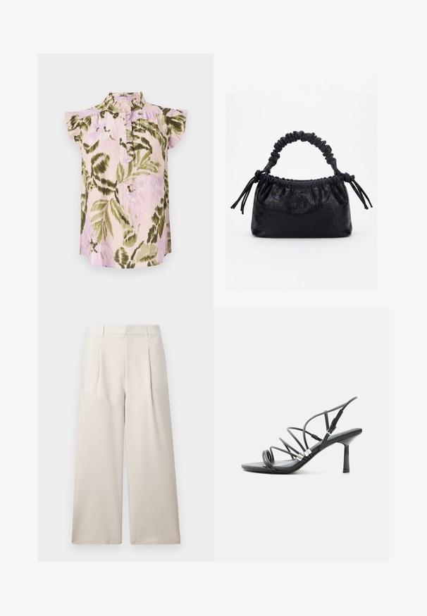 Bloemmotief blouse met hoge kraag, korte geplooide mouwen en een knoopsluiting. Kleuren zijn lichtroze, groen en lavendel.; ONLY ONLLANDO PLEAT CULOTTE PANT - Broek - pumice stone; Zwarte high-heel sandaal met dunne gebogen bandjes, zilveren accenten en een verstelbare enkelgesp op een witte achtergrond.; Zwarte handtas met krokodillenstructuur, geplooide bovenrand, samengevoerde handgreep en koordtassels aan elke kant tegen een witte achtergrond.